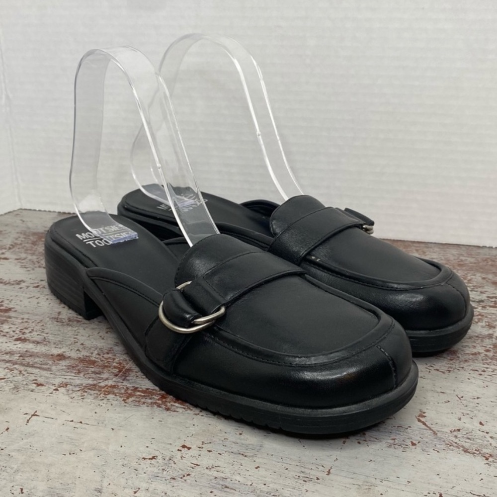 Vintage 90s 1990s black leather slip on mules Block Heel Square Toe 9